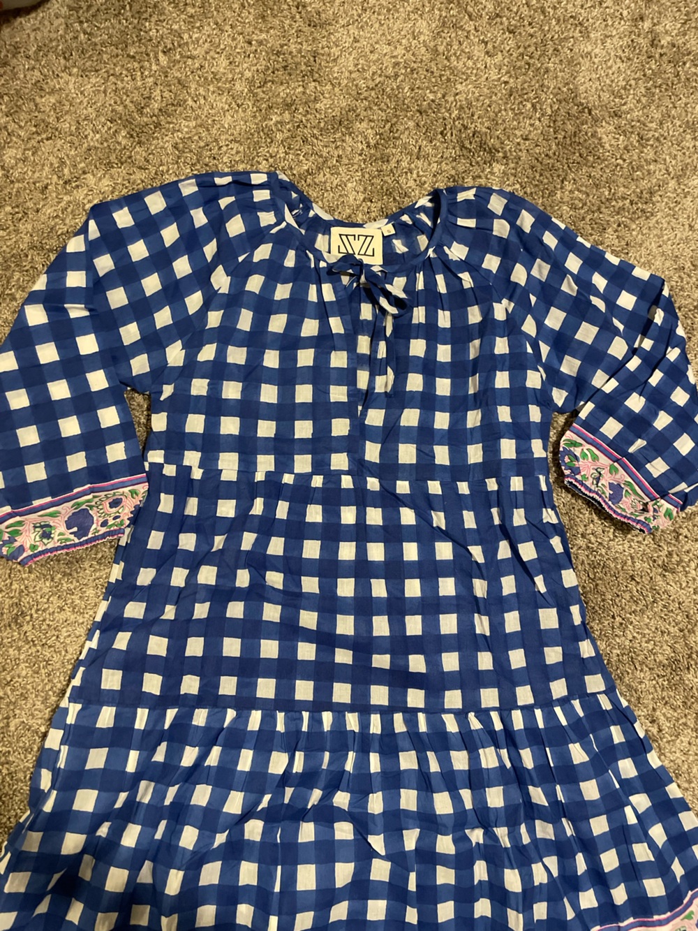 Tuckernuck sz Blue and White Gingham Tie-Neck Tunic Dress with Embroidered Cuffs